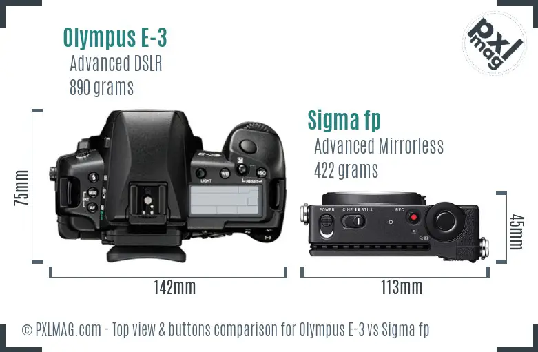 Olympus E-3 vs Sigma fp top view buttons comparison