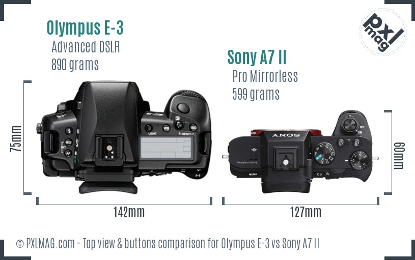 Olympus E-3 vs Sony A7 II top view buttons comparison