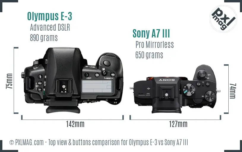 Olympus E-3 vs Sony A7 III top view buttons comparison