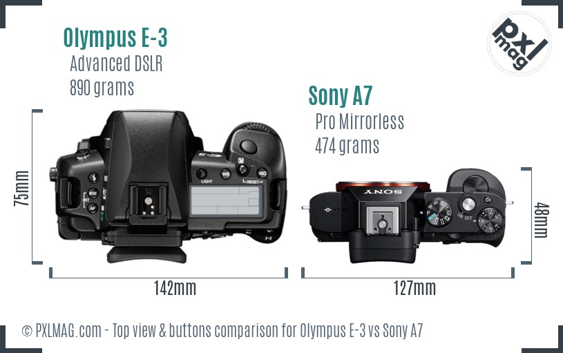 Olympus E-3 vs Sony A7 top view buttons comparison