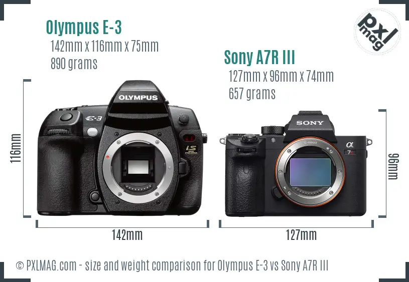 Olympus E-3 vs Sony A7R III size comparison