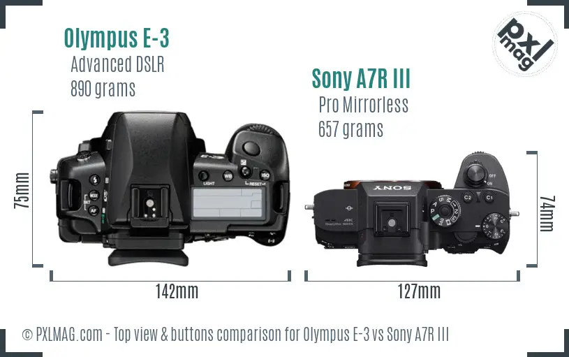 Olympus E-3 vs Sony A7R III top view buttons comparison