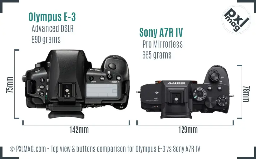 Olympus E-3 vs Sony A7R IV top view buttons comparison