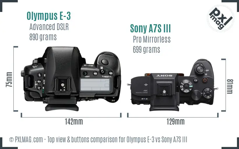 Olympus E-3 vs Sony A7S III top view buttons comparison
