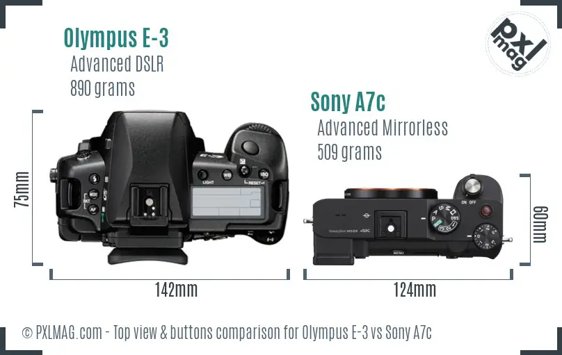 Olympus E-3 vs Sony A7c top view buttons comparison