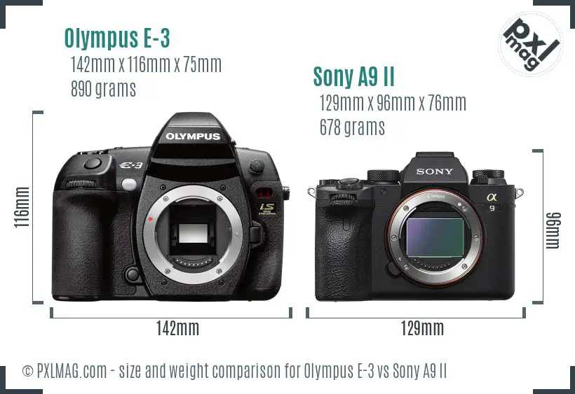 Olympus E-3 vs Sony A9 II size comparison