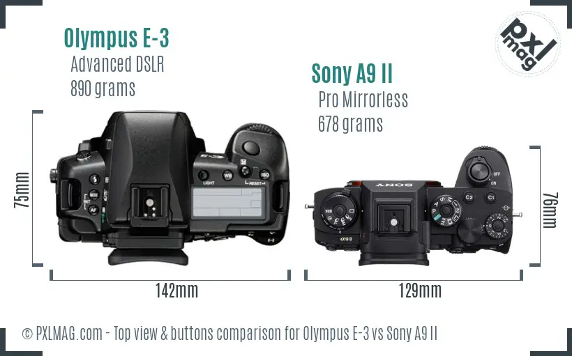 Olympus E-3 vs Sony A9 II top view buttons comparison