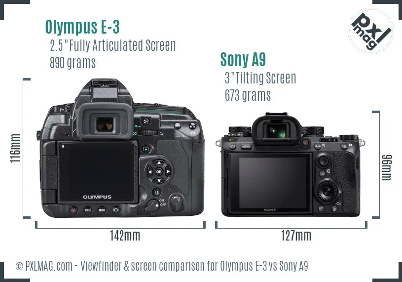 Olympus E-3 vs Sony A9 Screen and Viewfinder comparison