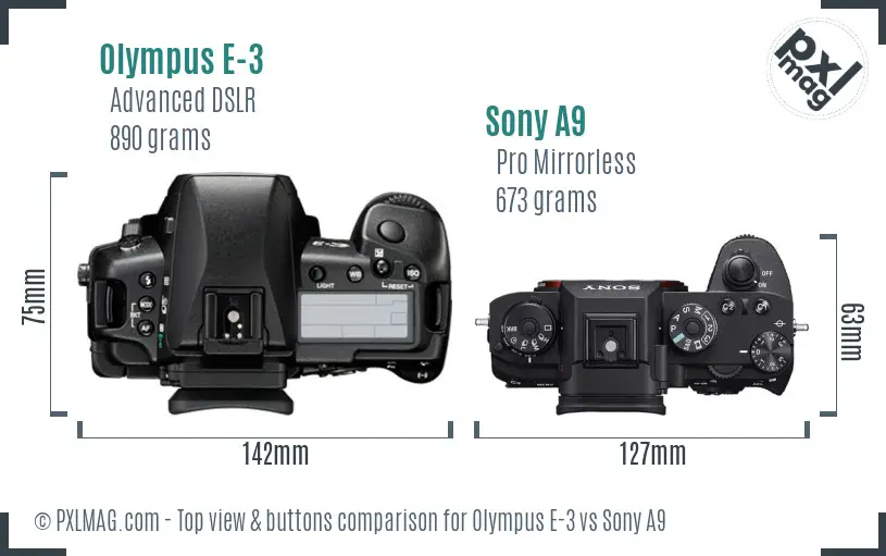 Olympus E-3 vs Sony A9 top view buttons comparison