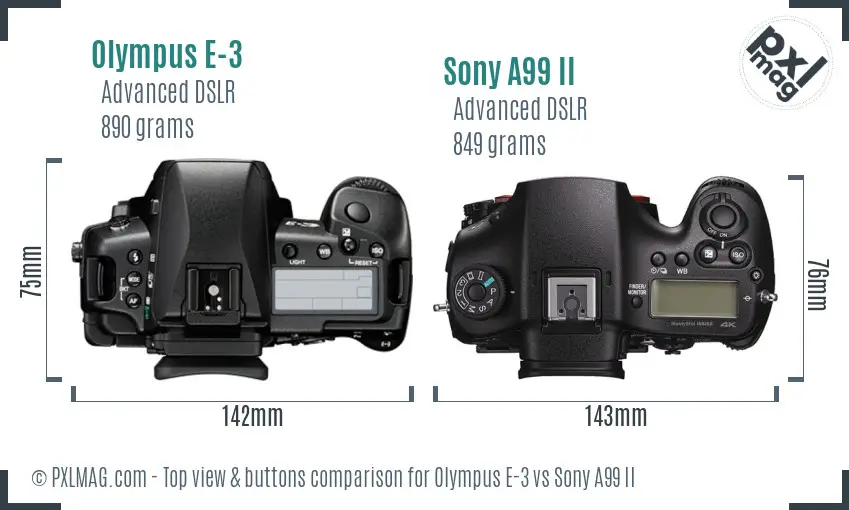 Olympus E-3 vs Sony A99 II top view buttons comparison