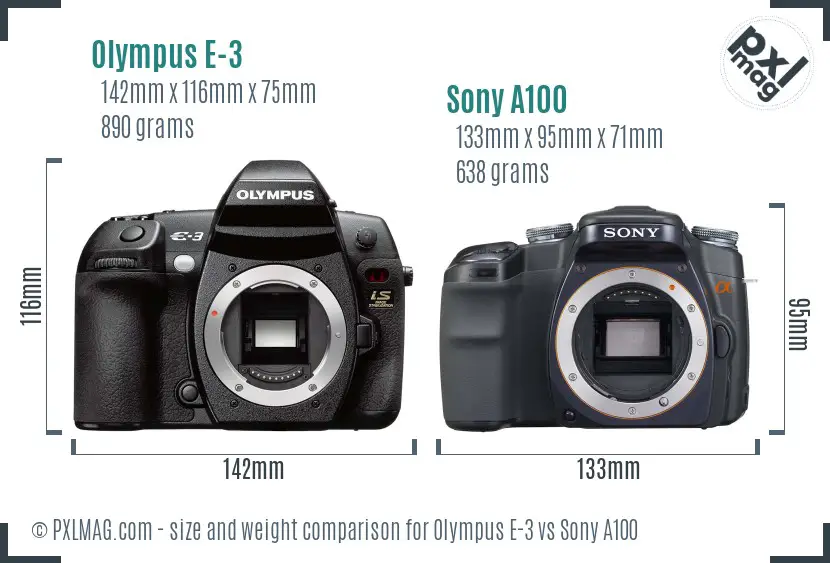 Olympus E-3 vs Sony A100 size comparison
