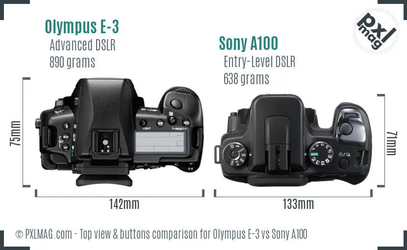 Olympus E-3 vs Sony A100 top view buttons comparison