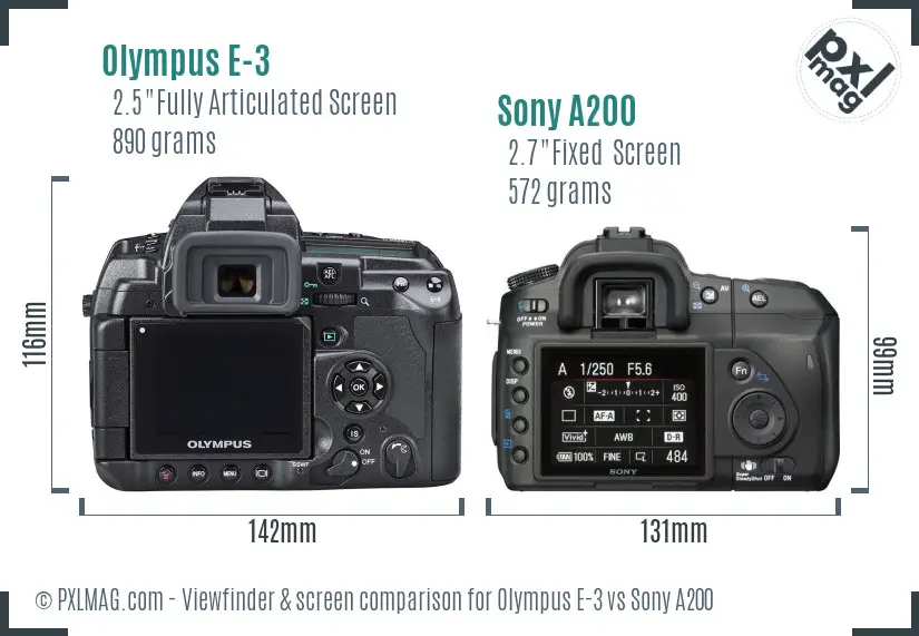Olympus E-3 vs Sony A200 Screen and Viewfinder comparison