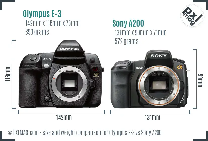 Olympus E-3 vs Sony A200 size comparison