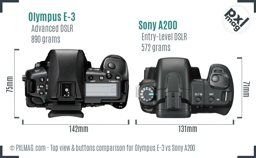 Olympus E-3 vs Sony A200 top view buttons comparison