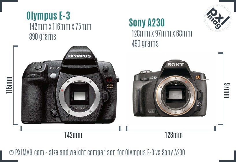 Olympus E-3 vs Sony A230 size comparison