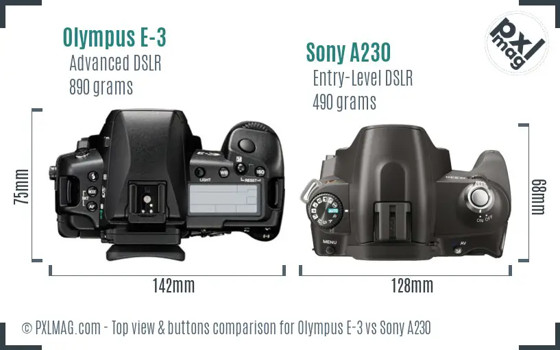 Olympus E-3 vs Sony A230 top view buttons comparison
