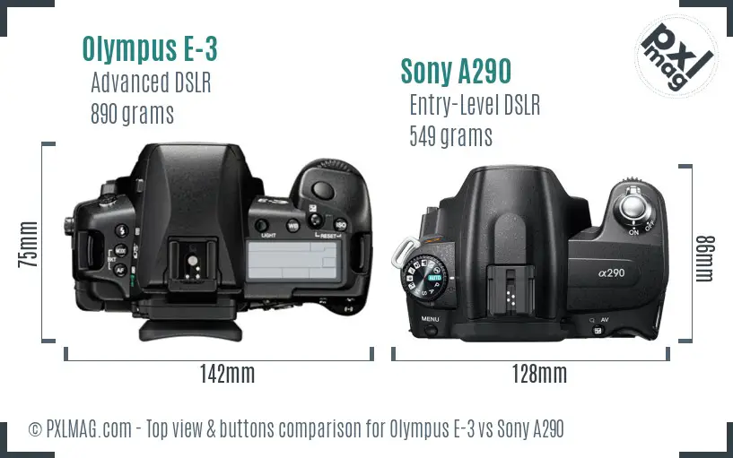 Olympus E-3 vs Sony A290 top view buttons comparison