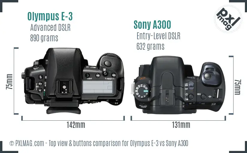 Olympus E-3 vs Sony A300 top view buttons comparison