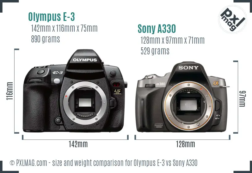 Olympus E-3 vs Sony A330 size comparison