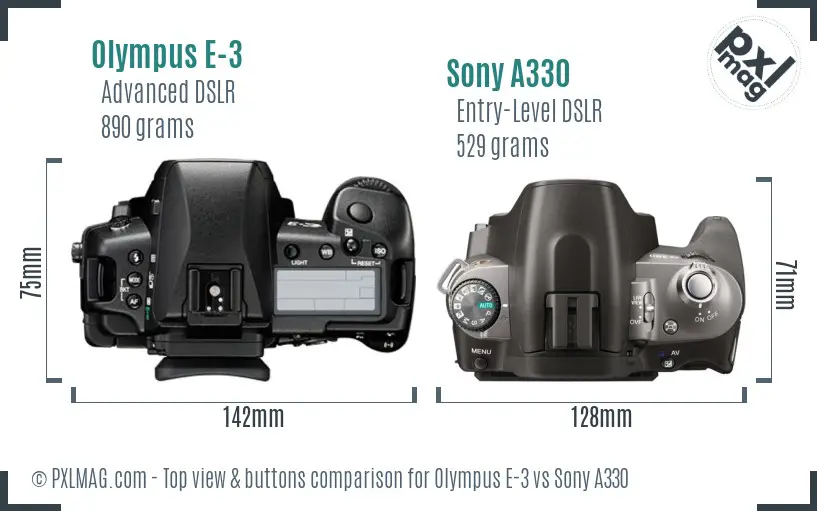 Olympus E-3 vs Sony A330 top view buttons comparison