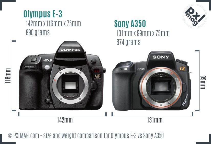 Olympus E-3 vs Sony A350 size comparison