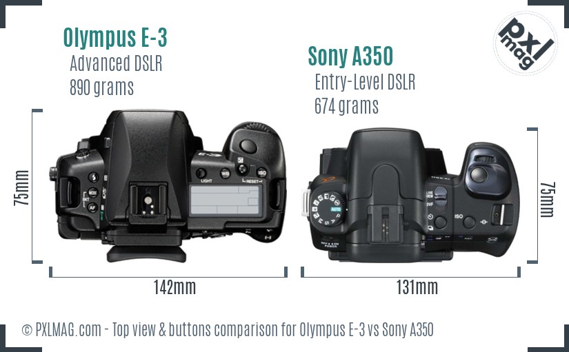 Olympus E-3 vs Sony A350 top view buttons comparison