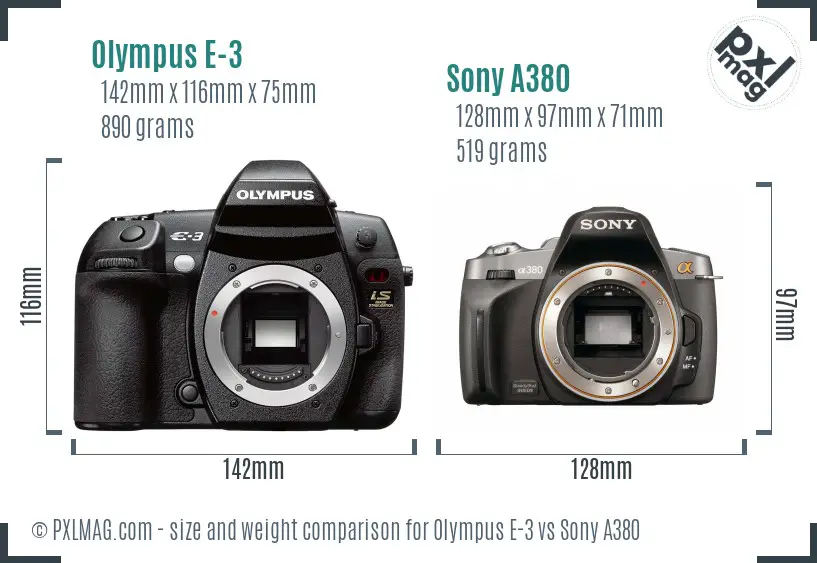 Olympus E-3 vs Sony A380 size comparison