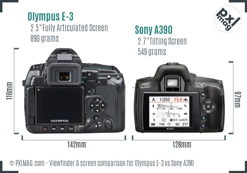 Olympus E-3 vs Sony A390 Screen and Viewfinder comparison