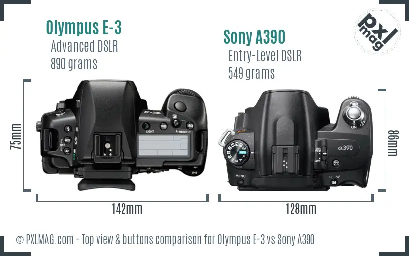 Olympus E-3 vs Sony A390 top view buttons comparison
