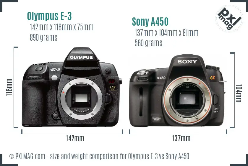 Olympus E-3 vs Sony A450 size comparison