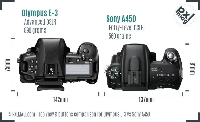 Olympus E-3 vs Sony A450 top view buttons comparison