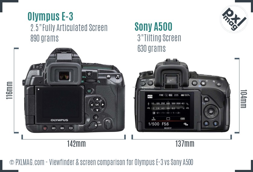 Olympus E-3 vs Sony A500 Screen and Viewfinder comparison