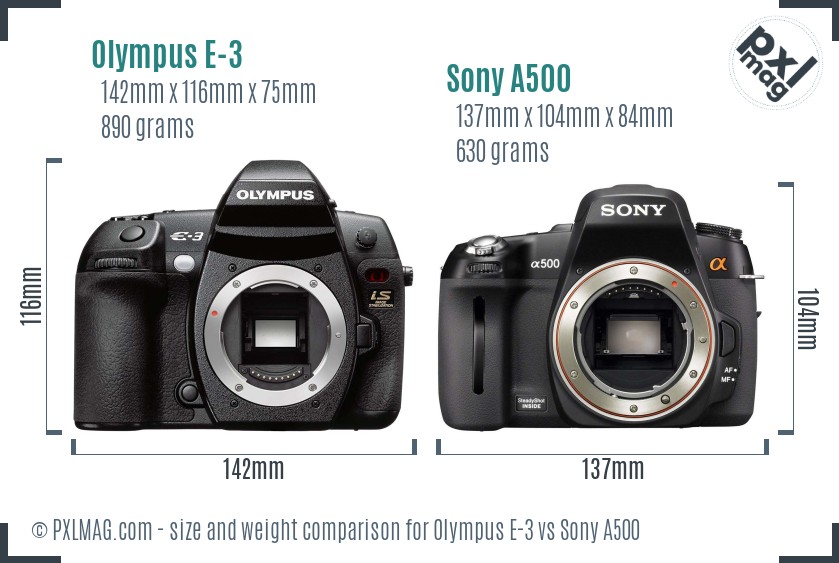 Olympus E-3 vs Sony A500 size comparison