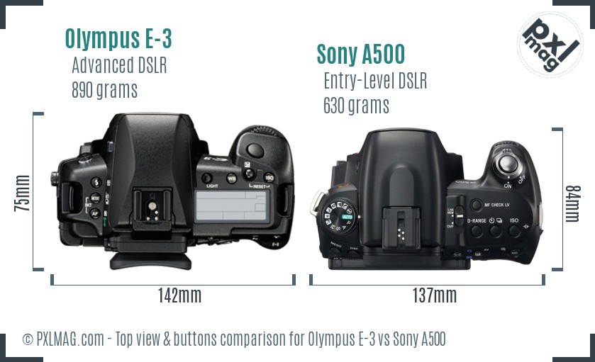 Olympus E-3 vs Sony A500 top view buttons comparison