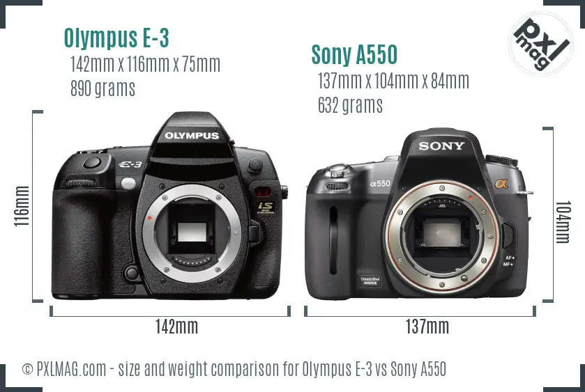 Olympus E-3 vs Sony A550 size comparison Olympus E-3 vs Sony A550 size comparison