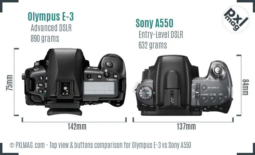 Olympus E-3 vs Sony A550 top view buttons comparison Olympus E-3 vs Sony A550 top view buttons comparison