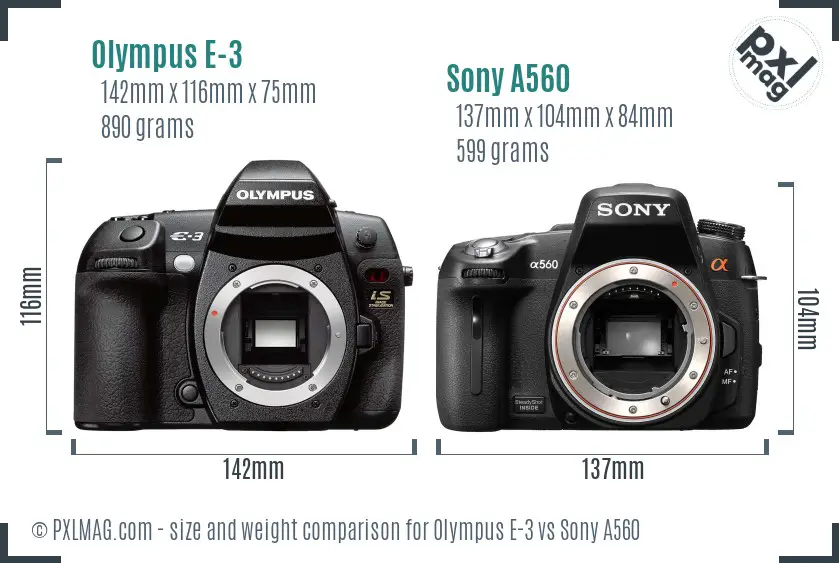 Olympus E-3 vs Sony A560 size comparison