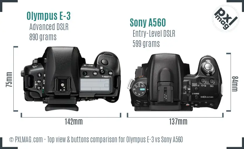 Olympus E-3 vs Sony A560 top view buttons comparison