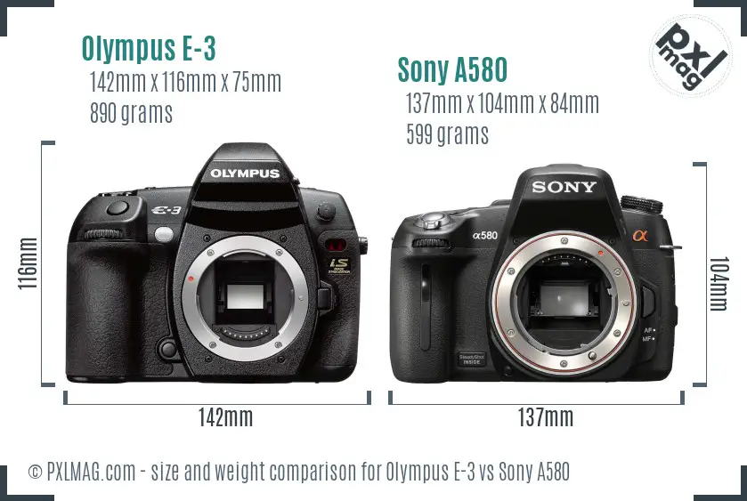 Olympus E-3 vs Sony A580 size comparison