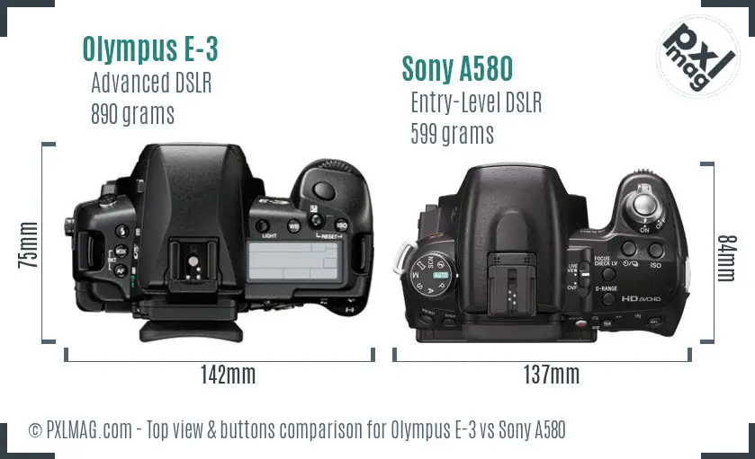 Olympus E-3 vs Sony A580 top view buttons comparison