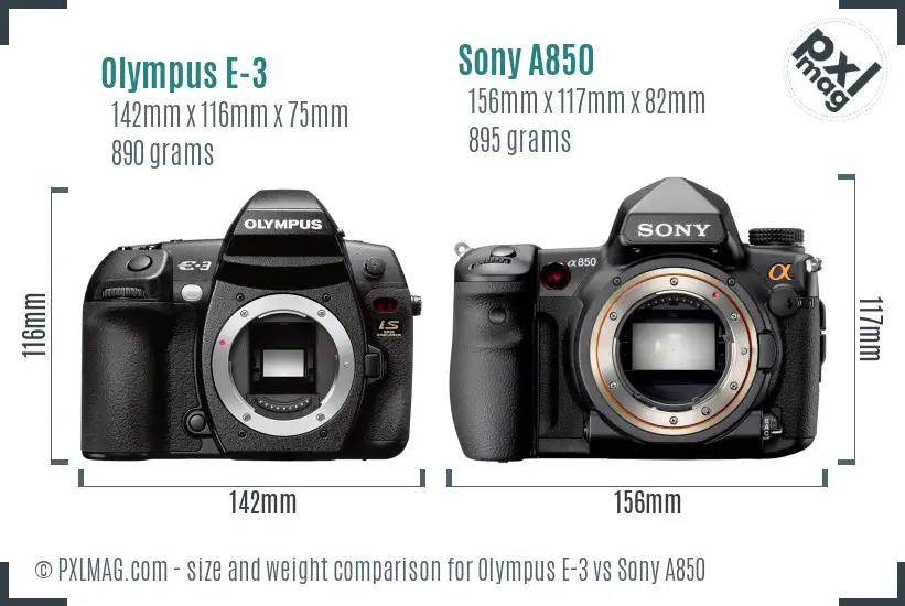 Olympus E-3 vs Sony A850 size comparison