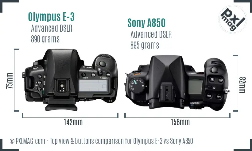 Olympus E-3 vs Sony A850 top view buttons comparison