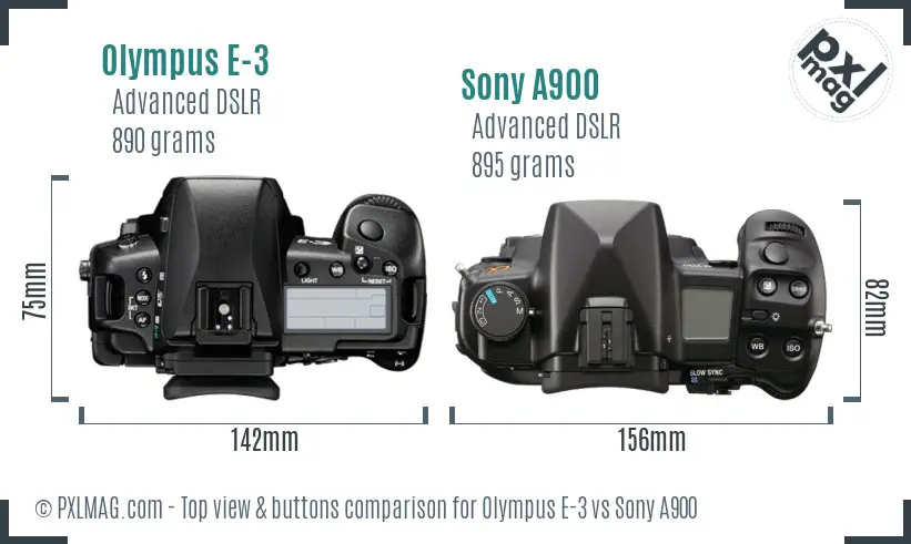 Olympus E-3 vs Sony A900 top view buttons comparison