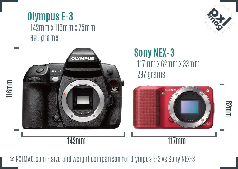 Olympus E-3 vs Sony NEX-3 size comparison