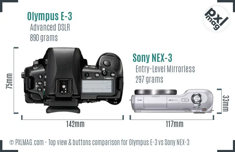 Olympus E-3 vs Sony NEX-3 top view buttons comparison