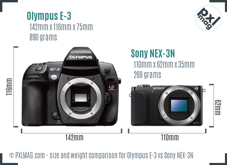 Olympus E-3 vs Sony NEX-3N size comparison