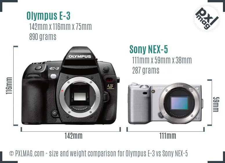 Olympus E-3 vs Sony NEX-5 size comparison