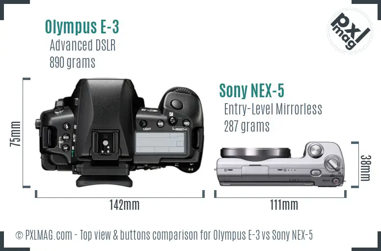 Olympus E-3 vs Sony NEX-5 top view buttons comparison