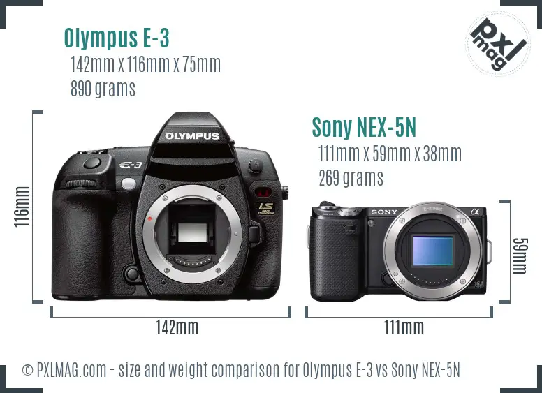 Olympus E-3 vs Sony NEX-5N size comparison